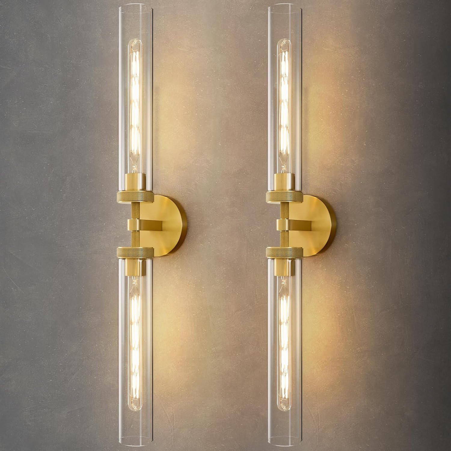 Knurled Brass Tube Wall Sconce - Set of 2 Luxury Modern Dimmable Sconces with Bulbs - Gold Glass Vanity Light Fixture - Vertical or Horizontal Mounted Indoor Lighting for Bathroom Bedroom Living Room