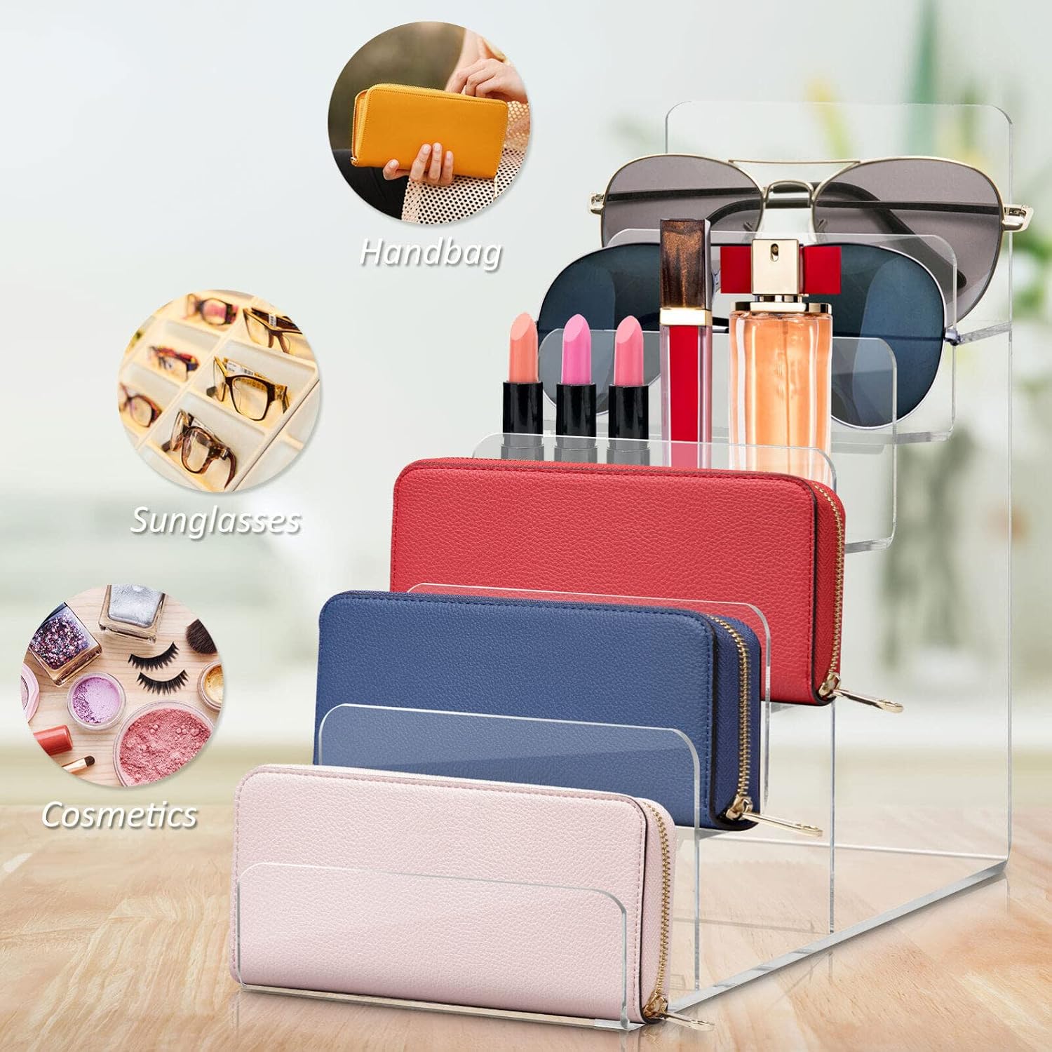 Cabilock Acrylic Purse Display 6- Tier Display Stand:4pcs Acrylic Riser Display Shelf Wallet Display Stand Holder Shelf Storage- Holds Womans Purse, Hanging Bag