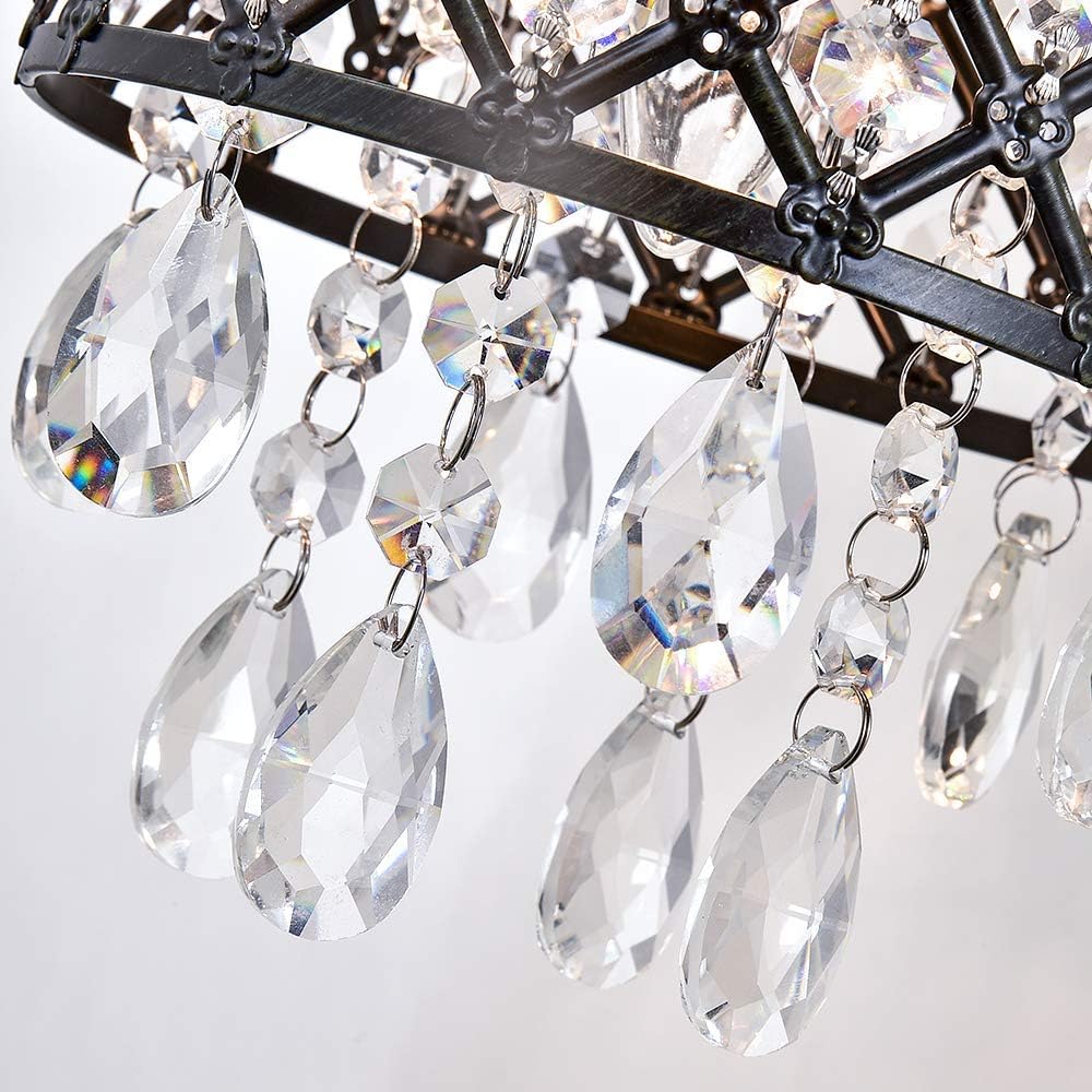 Maxax Crystal Wall Sconce, Modern Indoor Wall Lamp, Vanity Lighting Fixture with Lattice Drum Shade, ETL Listed, for Living Room, Bedroom, Hallway, Bathroom, Antique Black Finish, Set of 2