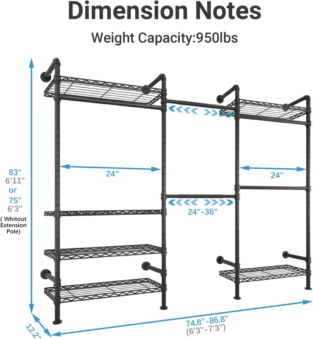 Timate F3 Garment Rack Heavy Duty Clothes Rack for Hanging Clothes, Expandable Industrial Pipe Wall Mounted Clothing Racks, Adjustable Storage Wardrobe Closet Kit Walk in Closet Systems, Black