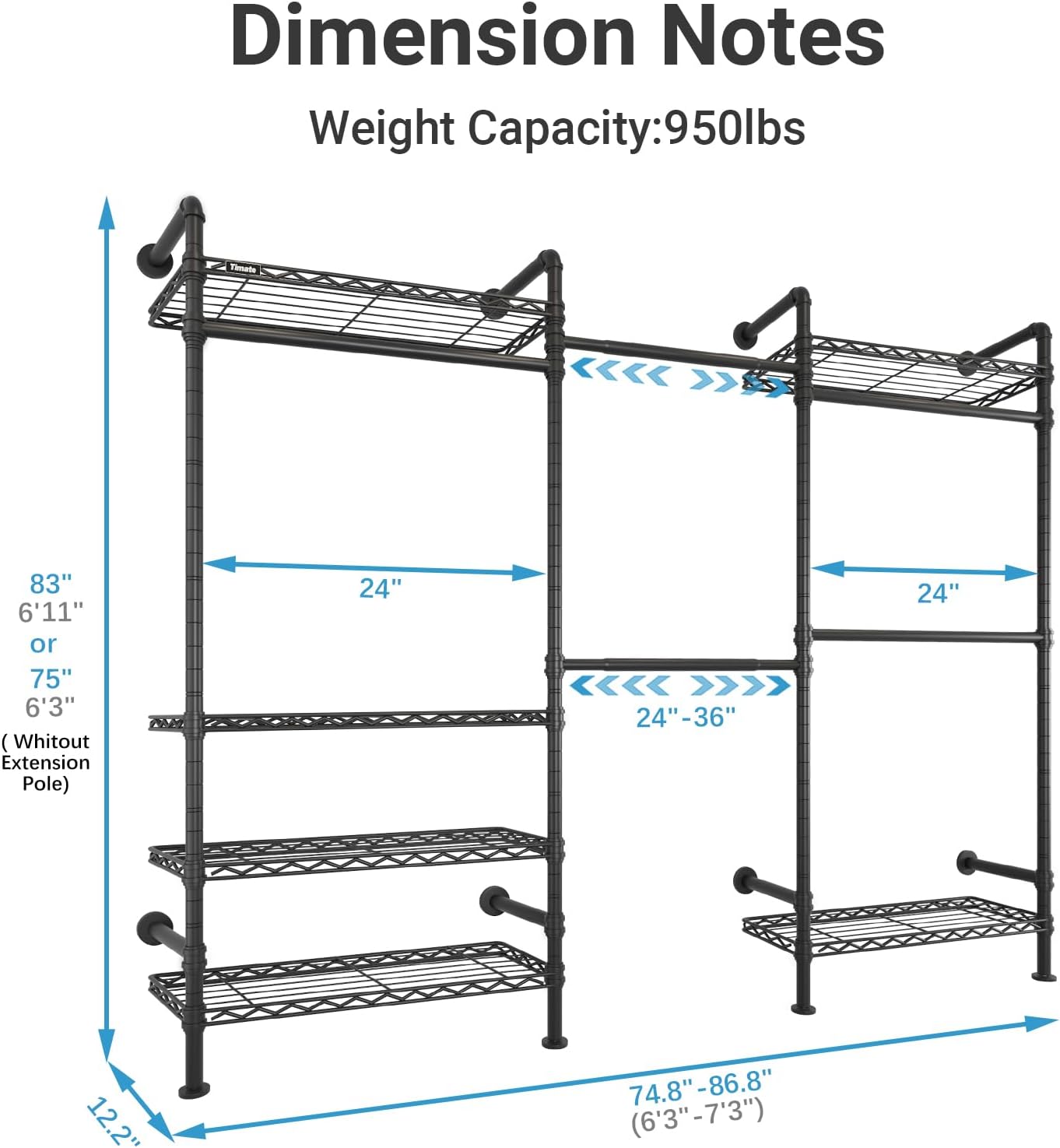 Timate F3 Garment Rack Heavy Duty Clothes Rack for Hanging Clothes, Expandable Industrial Pipe Wall Mounted Clothing Racks, Adjustable Storage Wardrobe Closet Kit Walk in Closet Systems, Black