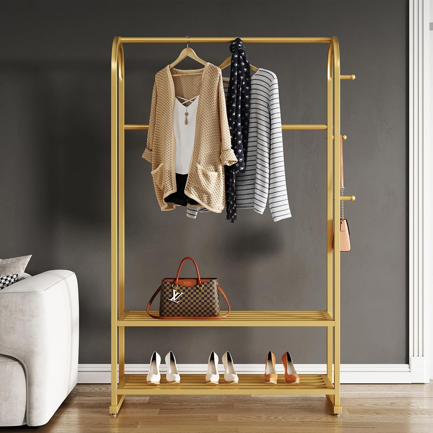 Gold Clothing Rack with 2 Shelves and Side Hooks,Freestanding Metal Garment Rack for Hanging Clothes,Heavy Duty Clothes Rack with Shoe Storage,Modern Clothing Rack for Bedroom,Entryway,Closet