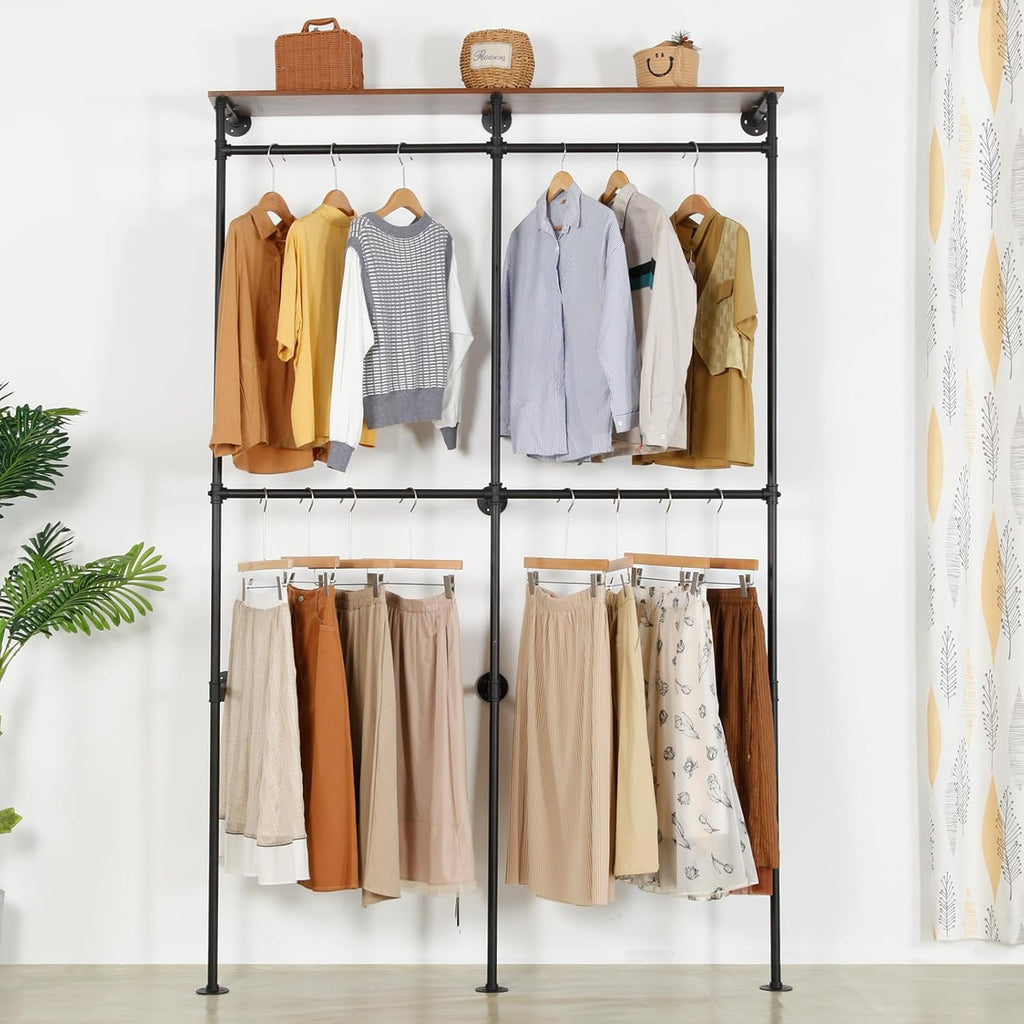 Garment Rack Heavy Duty Racks, Modern Simple Industrial Pipe Double Hanging Rods Clothing with Shelves, Freestanding Portable Wardrobe Closet Rack for Hanging Clothes, 93in Black