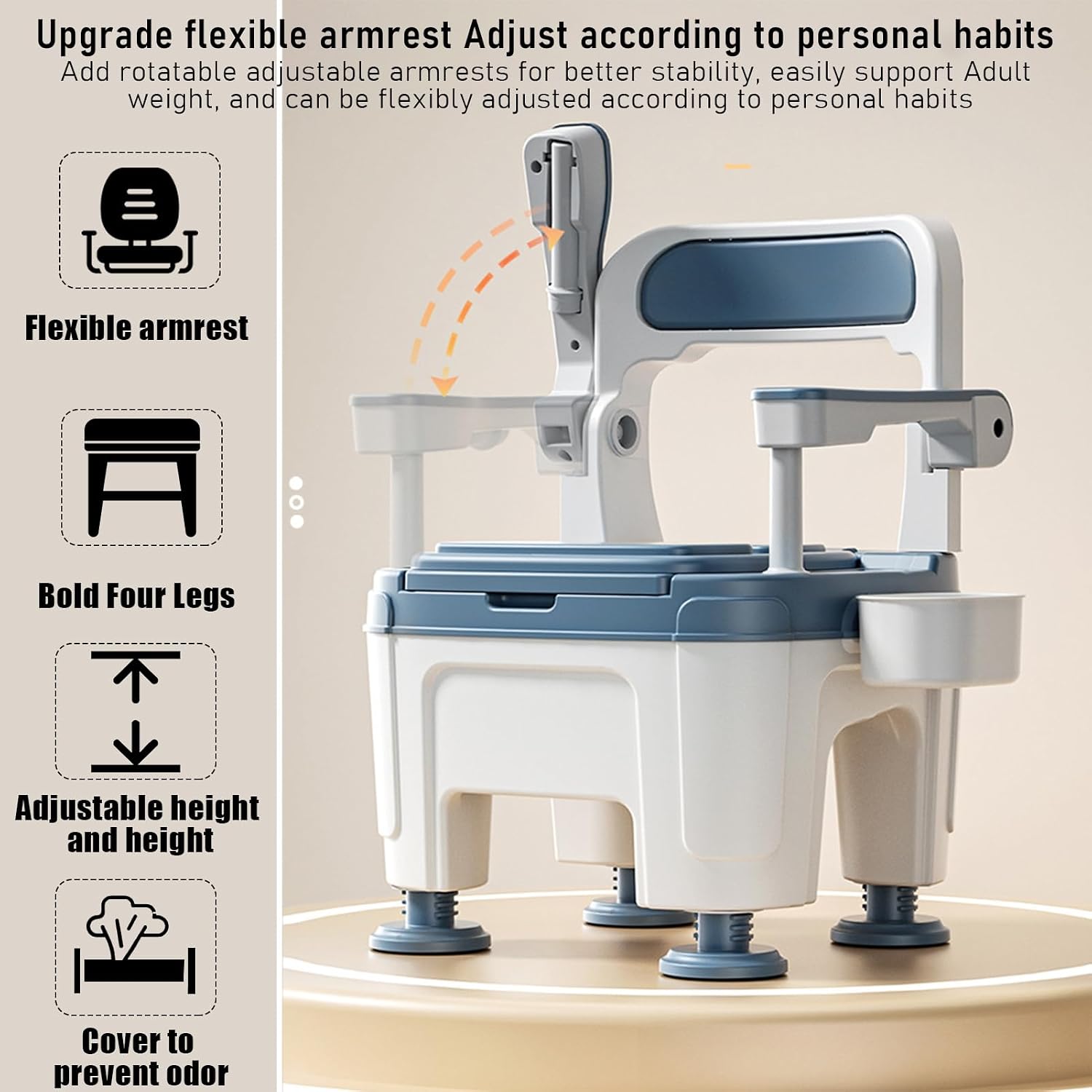 Toilet Seat Risers for Seniors, Raised Toilet Seat with Handles, Height Adjustable Mobile Load 882lb Blue