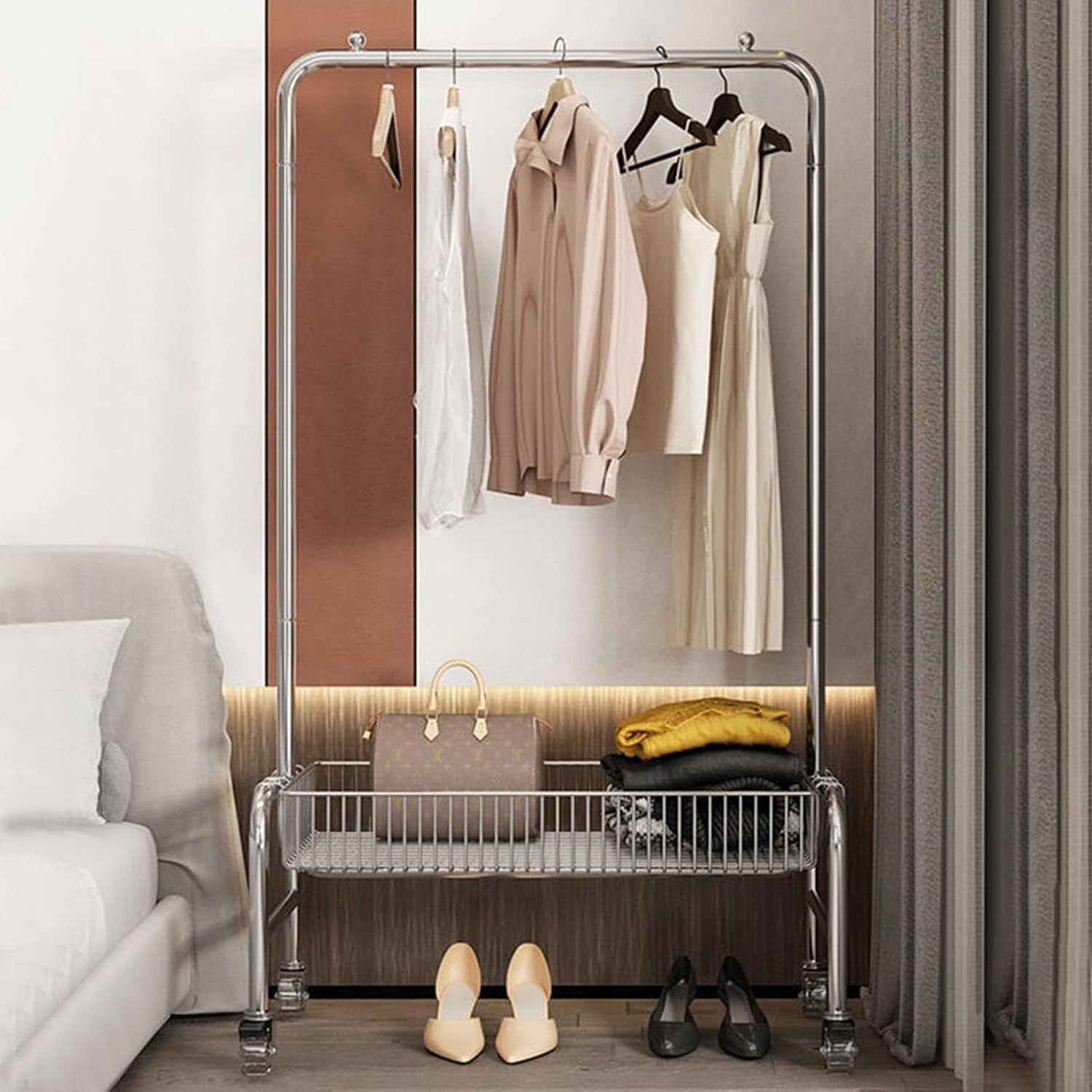 Garment Rack Rolling Clothes Rack With Storage Basket, Heavy Duty Metal Clothing Rack For Bedroom, Portable Clothes Organizer With Lockable Wheel, Freestanding Space-saving Coat Rac(Size:78X40X168CM)