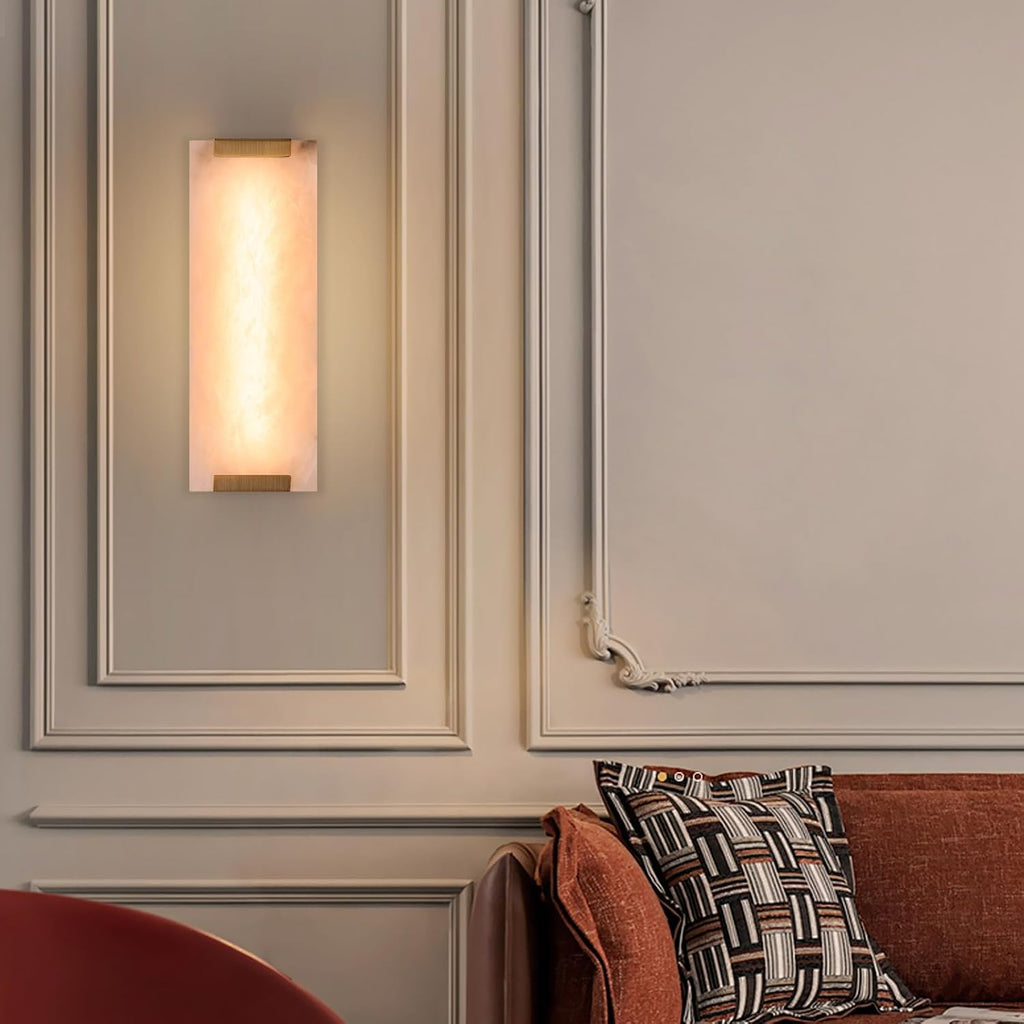 14.2in Alabaster Wall Sconces, Large Natural Marble Wall Sconces Set of Two, LED Modern Wall Lamp for Bedroom, Stairs, Living Room, Vanity, Bedside, Hallway （Brushed Bronze 12W）