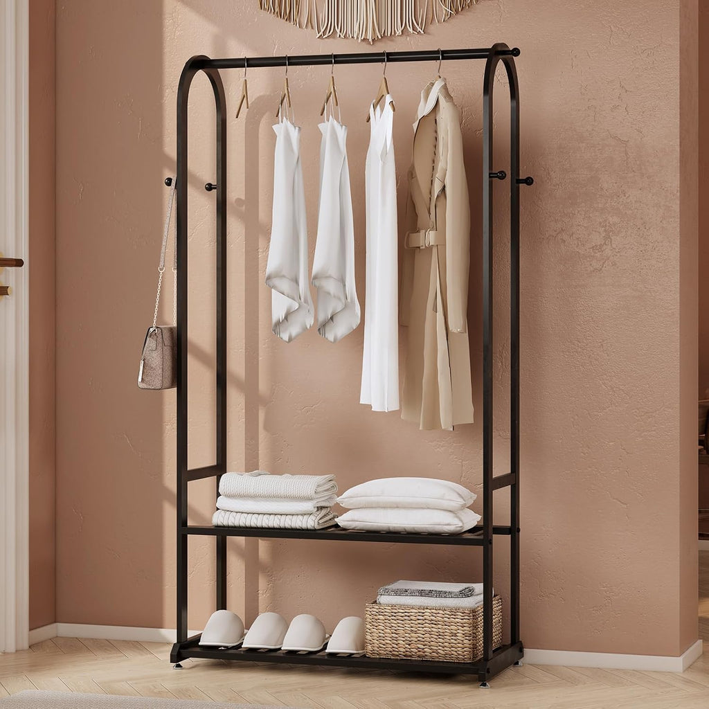 Freestanding Clothes Rack,Sturdy Metal Garment Racks for Hanging Clothes,Black Clothing Racks with bottom shelves & 6 Hooks,Multi-Functional Wardrobe Rack for Bedroom or Closet