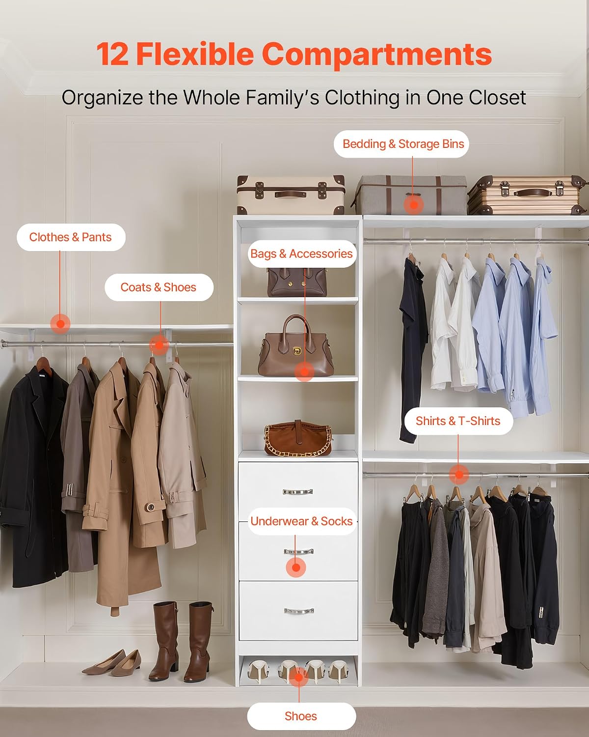 VEVOR Closet System with 3 Drawers, Adjustable Height Wooden Closet Organizers, Modern Walk-in Wardrobe Organization with 3 Retractable Clothes Hanger Rods, Freestanding Garment Rack Storage, White