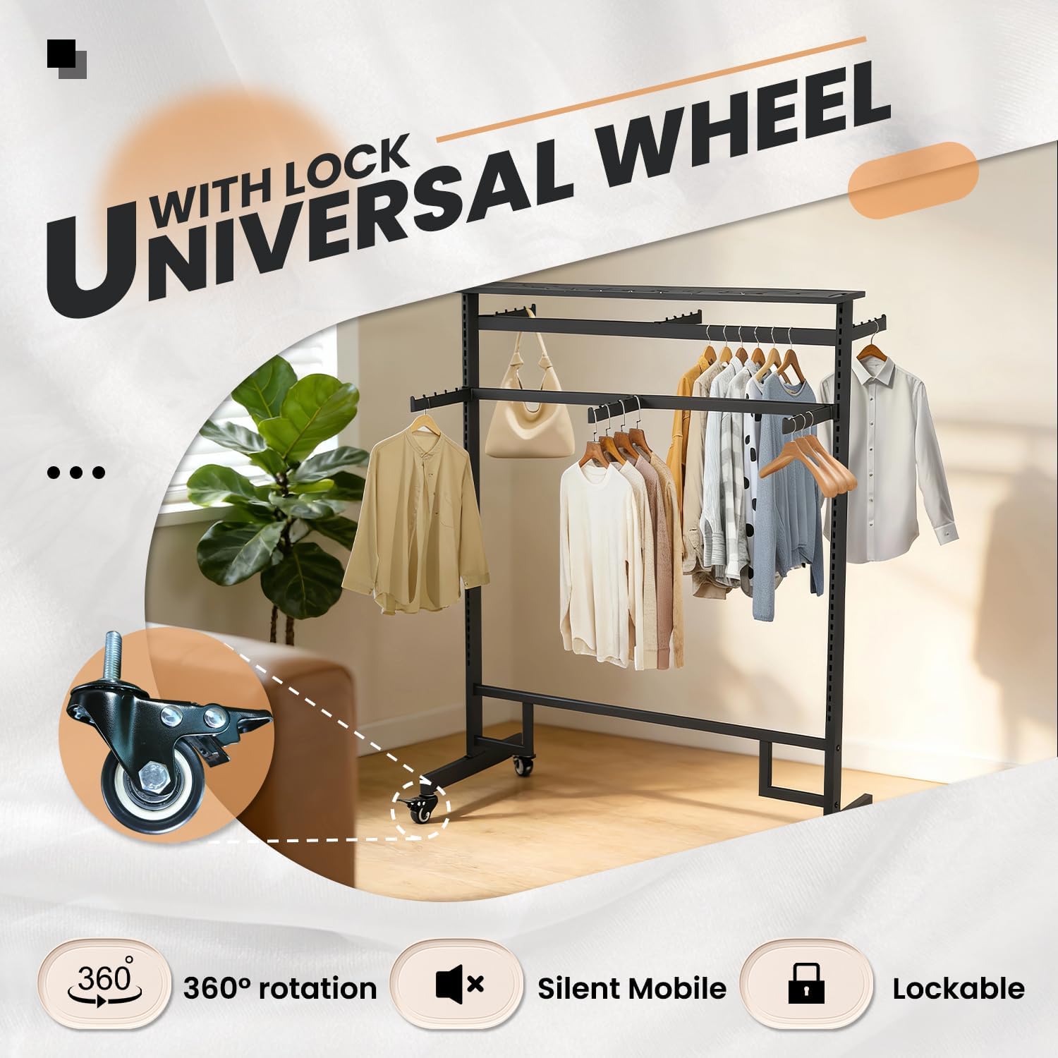 Retail Clothing Rack with wheels, 6 Arms Commercial Clothing Display, Height Adjustable Garment Rack, Free Standing Metal Clothing Rack, for Retail clothing store Home Laundry Room (black)