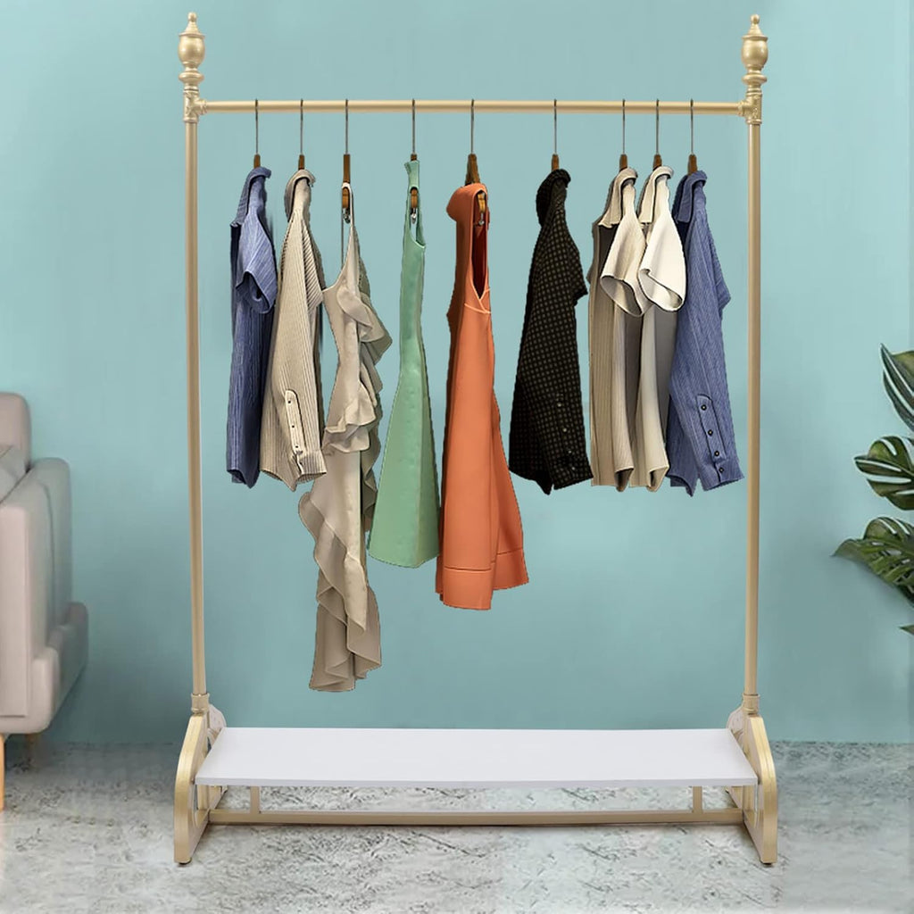 Modern Gold Clothing Rack Freestanding Multi-functional Heavy Duty Garment Rack Retail Display Clothes Rack Industrial Clothes Rack Metal Clothes Rack with Wood Shelf,Gold