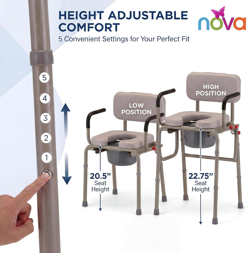 NOVA Medical Products Drop Arm Commode with Padded Seat and Back, Drop Down Arms for Easy Transfer, Stand Alone Bed Side Commode and Over The Toilet Commode, Comes with Bucket, Lid and Slash Guard Gray 1 Count