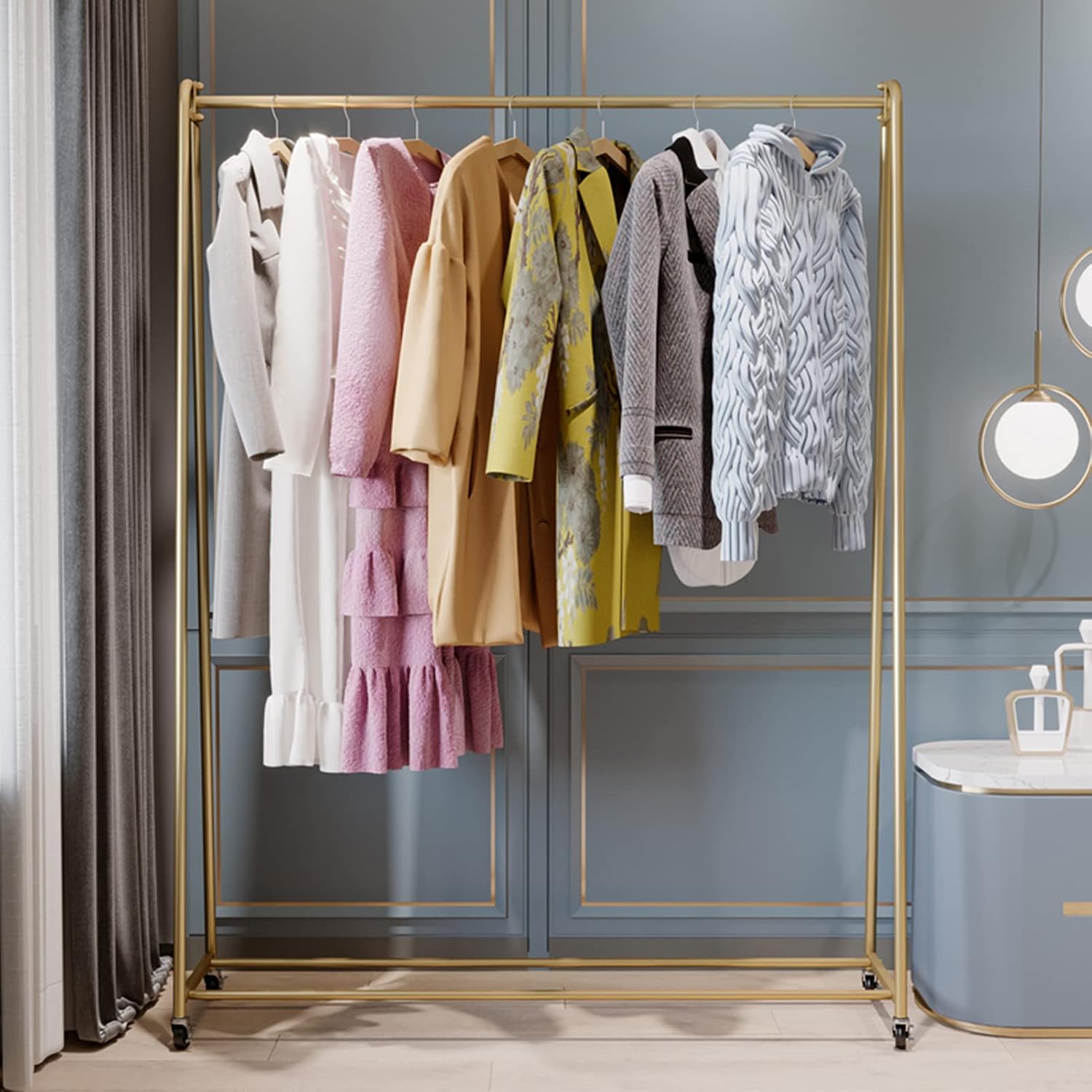 Garment Rack Modern Simple Metal Rolling Garment Rack With Wheel, Retail Display Clothing Rack, Single Rod Floor-Standing Hanging Clothes Rack，Bedroom Corridor Coat Rack(Size:80x40x150CM,Color:Gold)