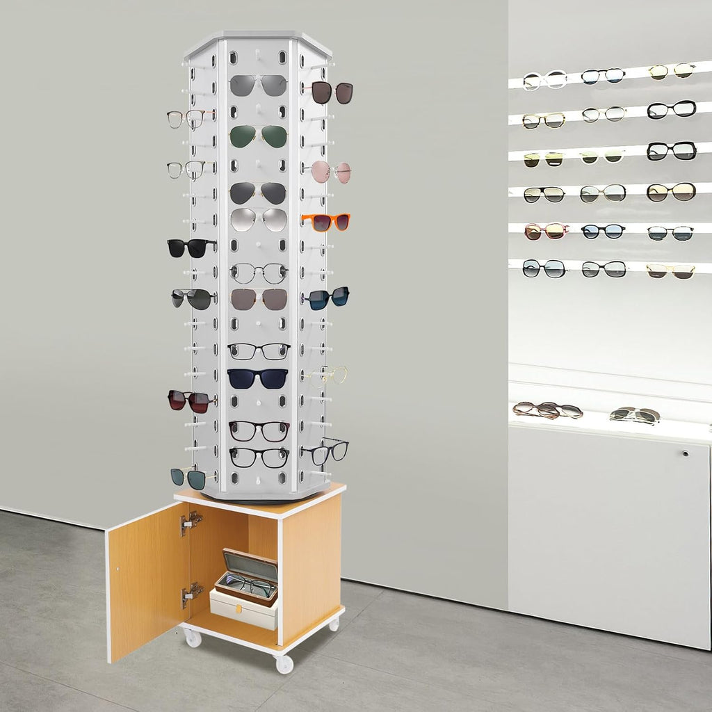 Sunglasses Retail Display Rack, 6-Sided Wood Floor-standing Eyeglass Holder, 102-Pair Eyewear Holder, 360°Rotating, with Storage Cabinet & 4 Swivel Wheels for Retail Exhibition (Silver&Yellow)