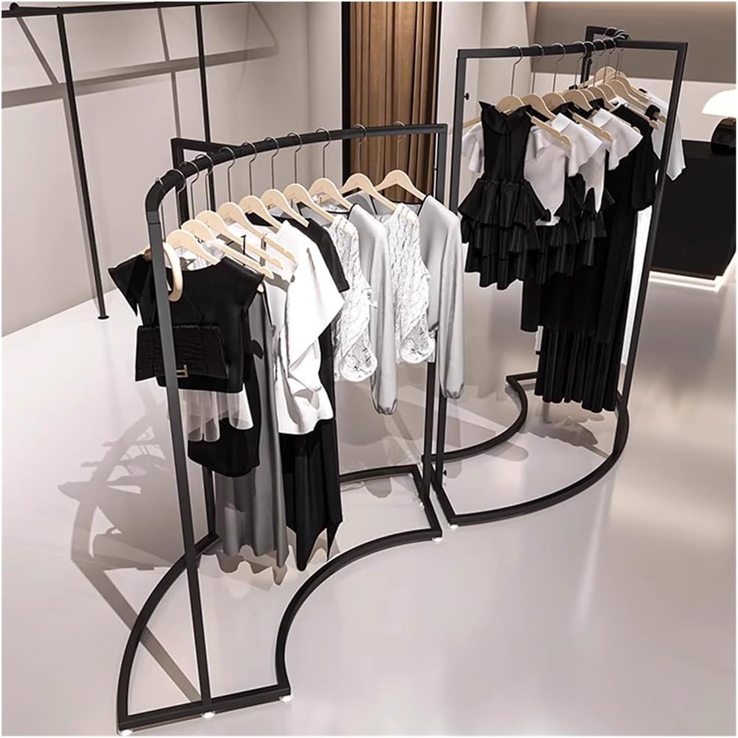 Garment Rack Clothing Display Rack - Half Round Floor Standing Clothes Rail for Retail Stores - Durable Black Curved Combination Design - Ideal for Organizing Clothing