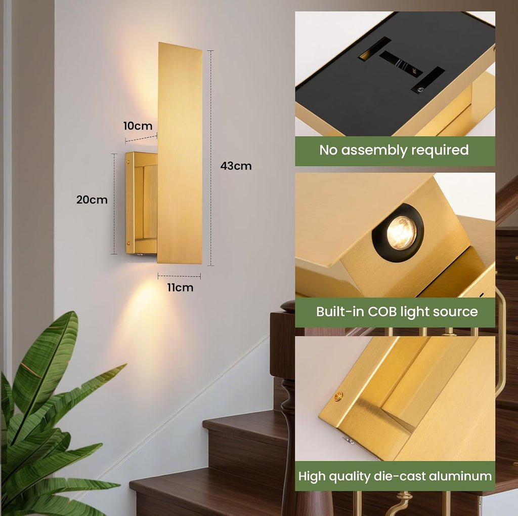 Gold Wireless Wall Sconces Set of Two,3000K-6000K Dimmable Battery Operated Wall Sconce with Remote,USB Rechargeable LED Wall Lights for Living Room Bedroom Hallway