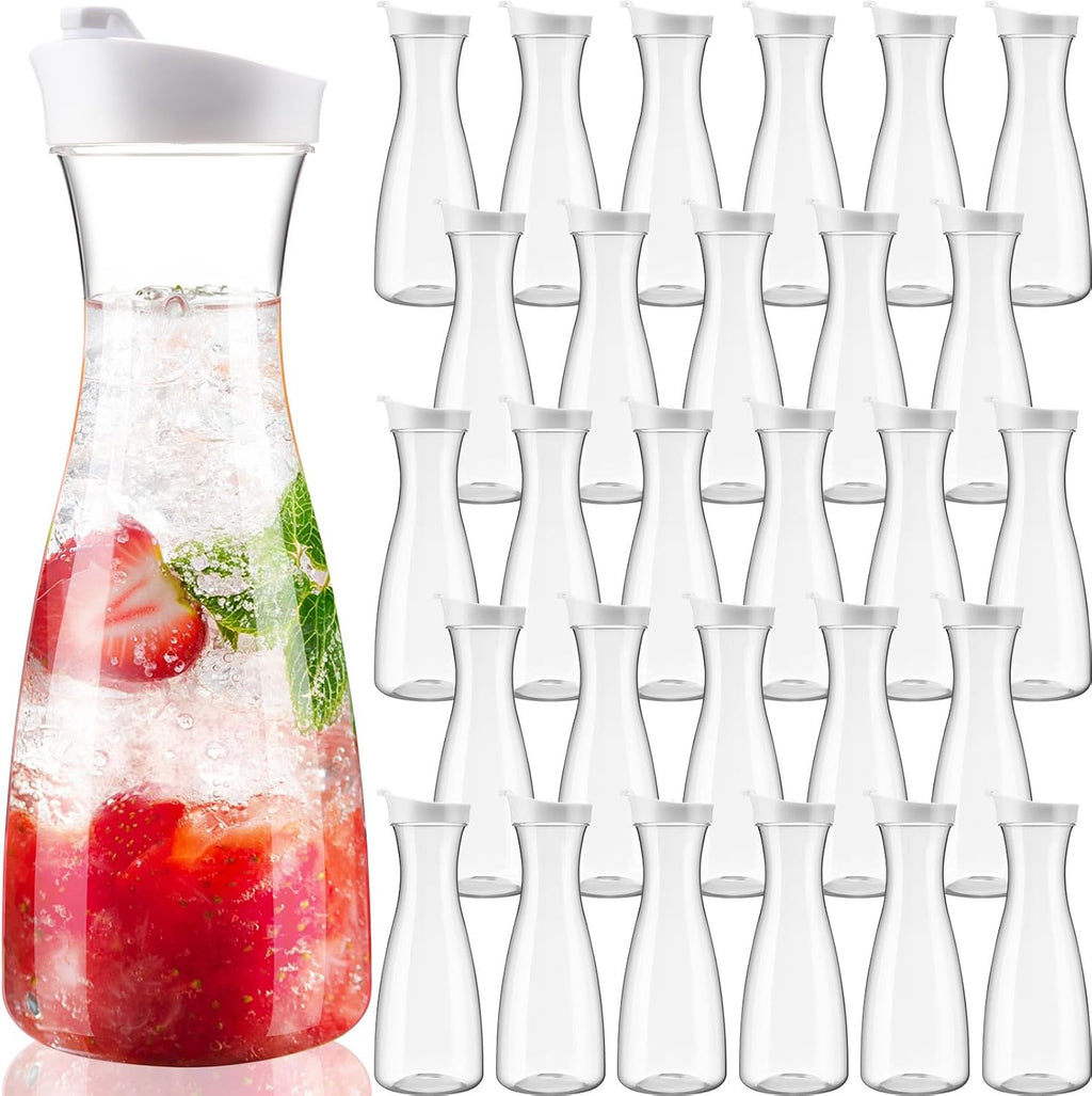 Reallnaive 30 Packs Plastic Carafe with Lids, 34 oz Clear Mimosa Juice Containers, Acrylic Beverage Carafe Pitcher Drink Containers for Fridge Outdoor Iced Tea Juice Party Mimosa Bar(Trendy)
