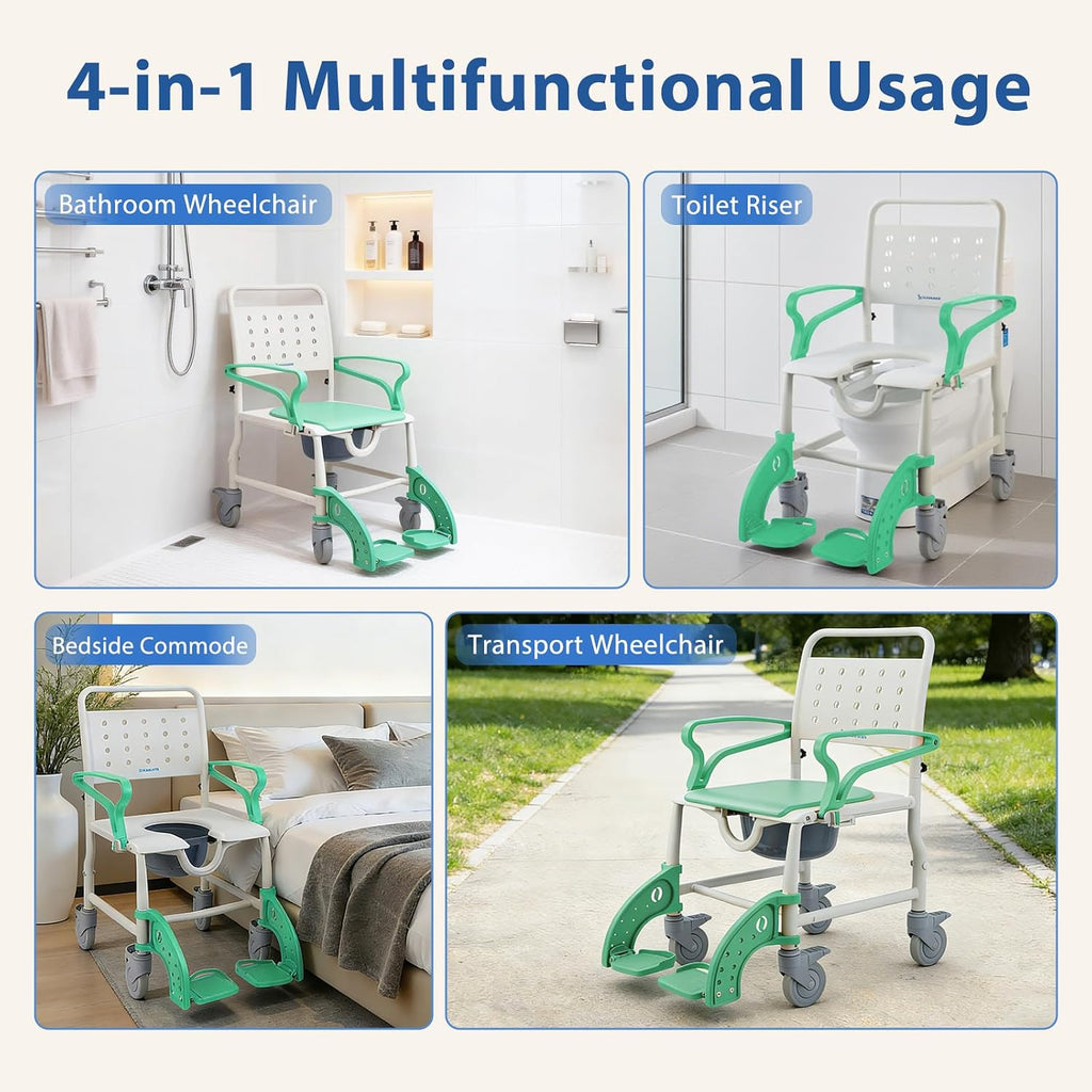 4 in 1 Rolling Shower Chair with Wheels for Elderly and Disabled, Shower Wheelchair with Flip-Up Arms & 4 Locking Wheels, Adjustable Footrests, Bedside Commode, Fits Over Toilet, Green