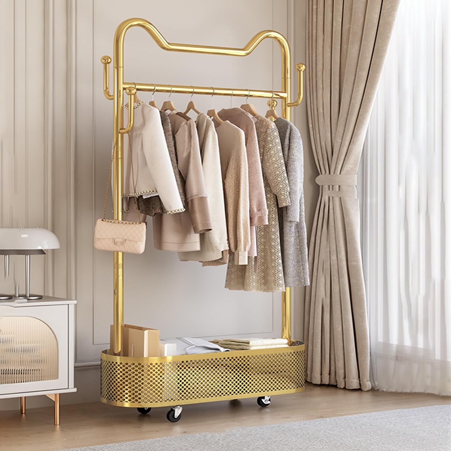 Modern Garment Rack, Clothes Rack, Clothing Rack, Rolling Garment Rack with Shelf, Portable Closet Wardrobe Rack, for Bedroom,Living Room,Clothing Store(Gold,60cm/23.6in)