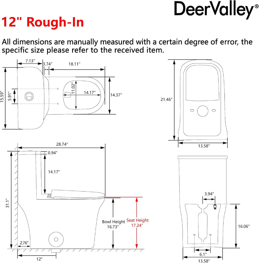 DeerValley One Piece Toilet, Elongated Toilet for Bathroom with 17.24' Comfortable Chair Seat Height, Dual Flush 0.8/1.28 GPF and MAP 1000g, Modern Toilet, 12' Rough-In Toilet Bowl