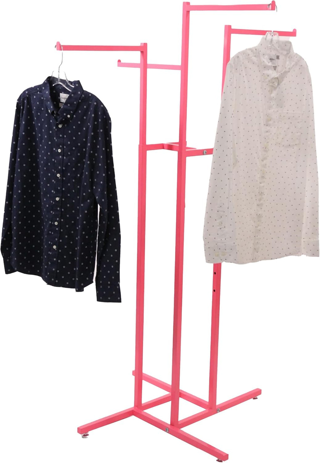 SSWBasics Hot Pink 4-Way Clothing Display Rack With Straight Arms- Durable Retail Clothing Rack for Boutique, Retail, and Thrift Stores - Sleek and Stylish Garment Display Stand