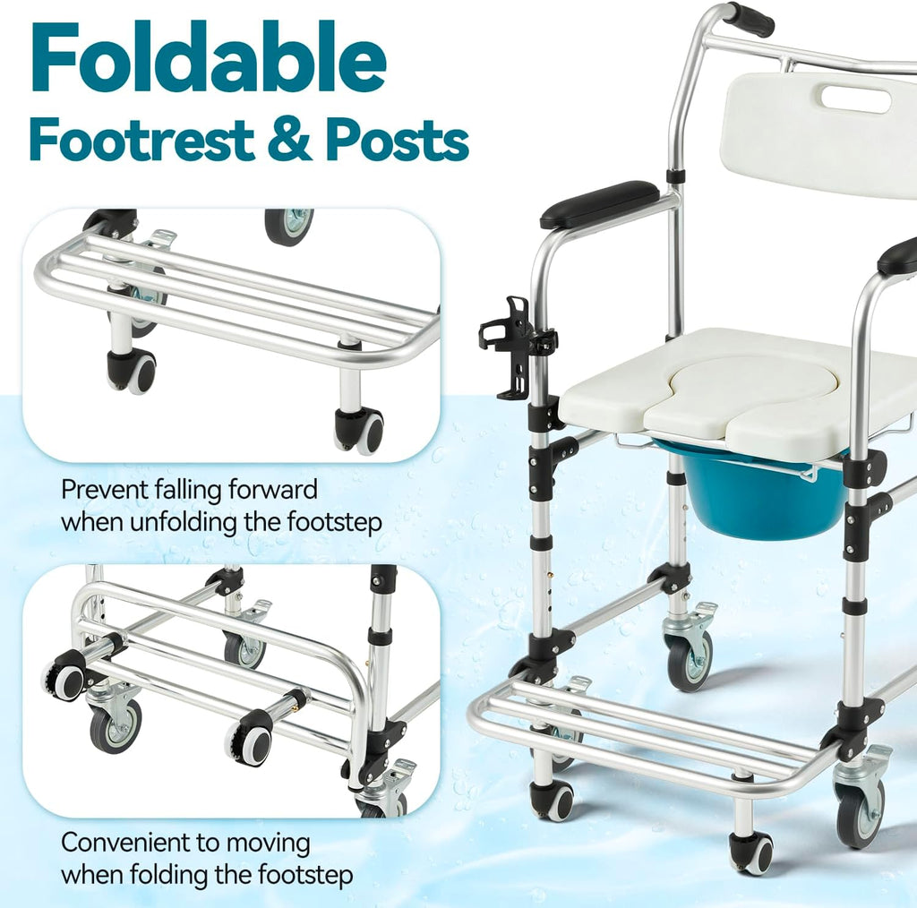 Upgraded 4-in-1 Bedside Commode Chair with Handles, 3-Level Height Adjustable Shower Wheelchair for Elderly, Anti-Tipping Rollout Footrest Transport Toilet Chair, Padded Seat, White
