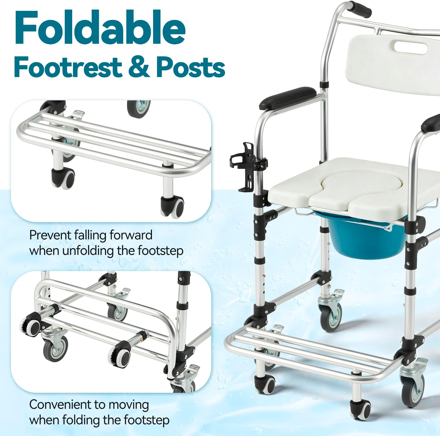 Upgraded 4-in-1 Bedside Commode Chair with Handles, 3-Level Height Adjustable Shower Wheelchair for Elderly, Anti-Tipping Rollout Footrest Transport Toilet Chair, Padded Seat, White