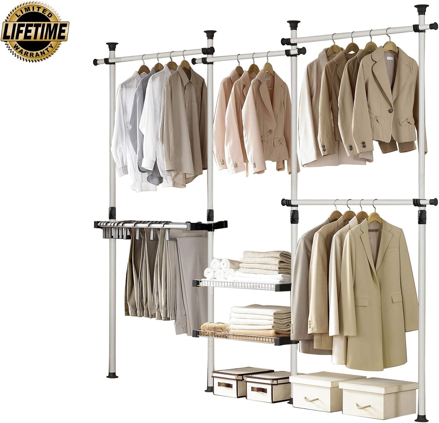 Prince Hanger Deluxe Pants & Shelf Hanger Heavy Duty One Touch Load 880LBS Clothing Racks for Hanging Clothes Metal Wardrobe Closet Garment Tension Rod Freestanding Ivory Height Adjustable PHUS-0052