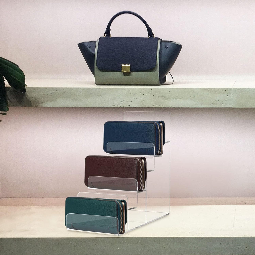 Cabilock Acrylic Purse Display 6- Tier Display Stand:4pcs Acrylic Riser Display Shelf Wallet Display Stand Holder Shelf Storage- Holds Womans Purse, Hanging Bag