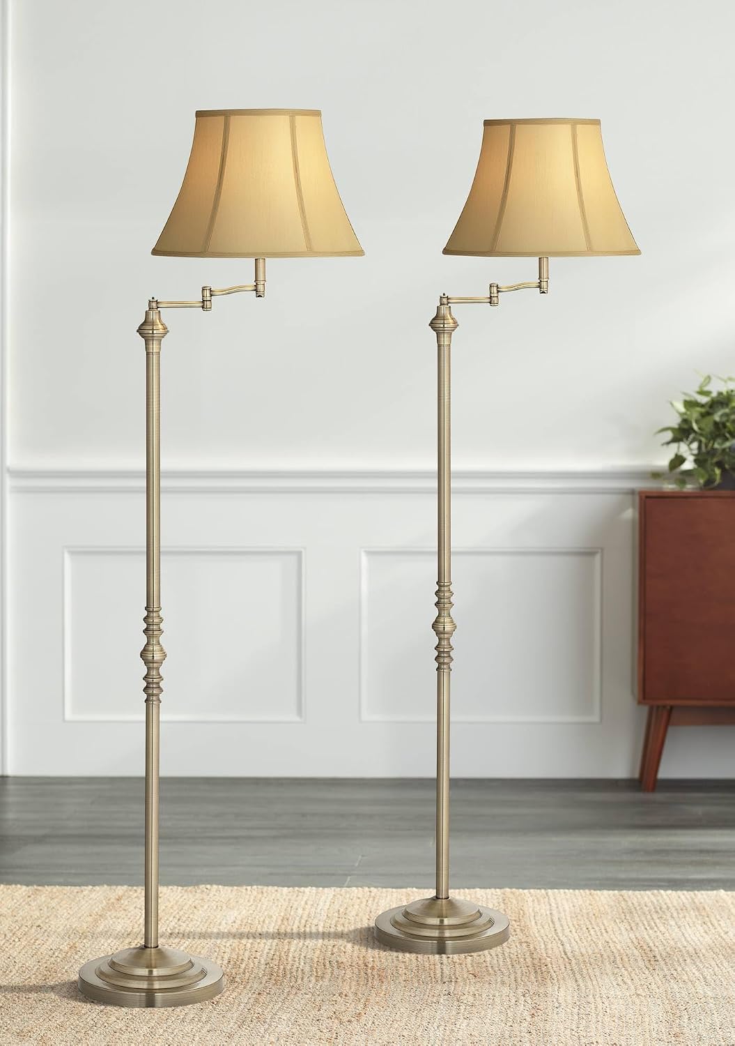 Regency Hill Montebello Traditional 60' Tall Standing Floor Lamps Set of 2 Lights Swing Arm Adjustable Gold Metal Antique Brass Finish Living Room Bedroom House Reading Office Home Decor Entryway
