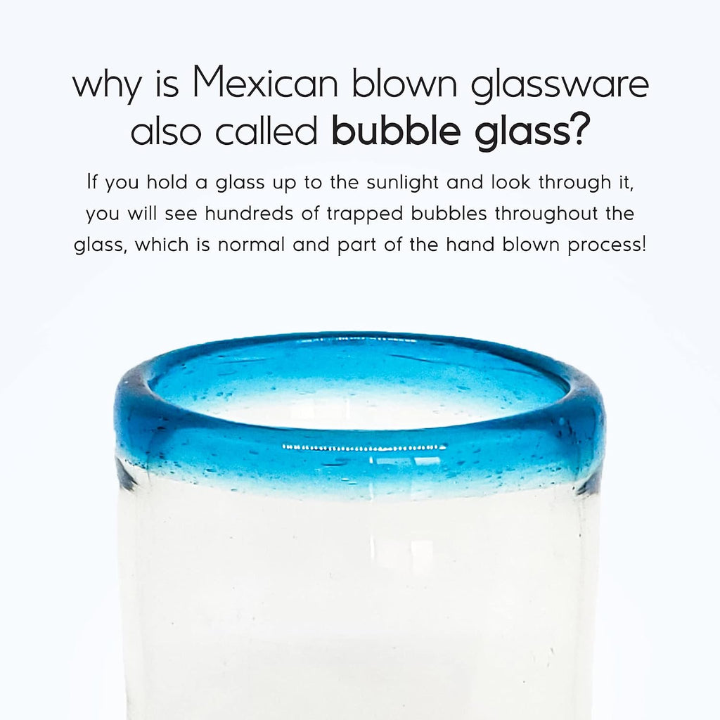 Aqua Blue Rim 20 oz Tall Iced Tea Glasses (set of 6) Mexican Handmade Glassware, Recycled Glass, Lead-free, Toxin-Free (Tall Iced Tea)