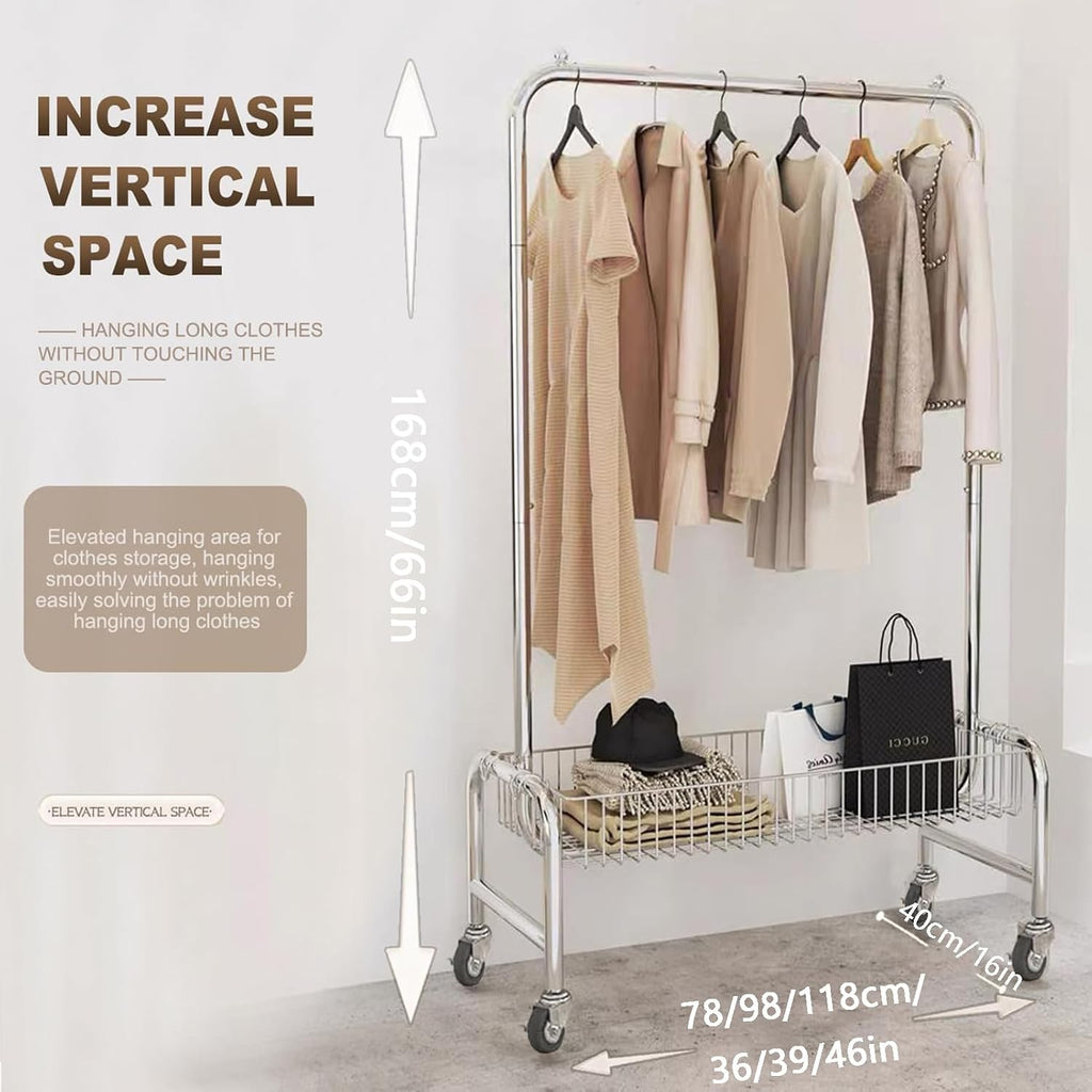 SKVLF Modern Heavy Duty Metal Clothes Rack with Storage Basket, Chrome, 118X40X168CM, 280 LBS Capacity, For Coats, Clothes, Shirts, Pants