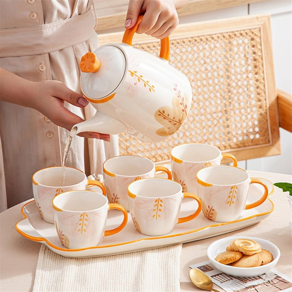 Beverage Serveware Household cold kettle, essential ceramic tea set for home, 8-piece set, creative floral tea set, souvenir gift Water Carafe