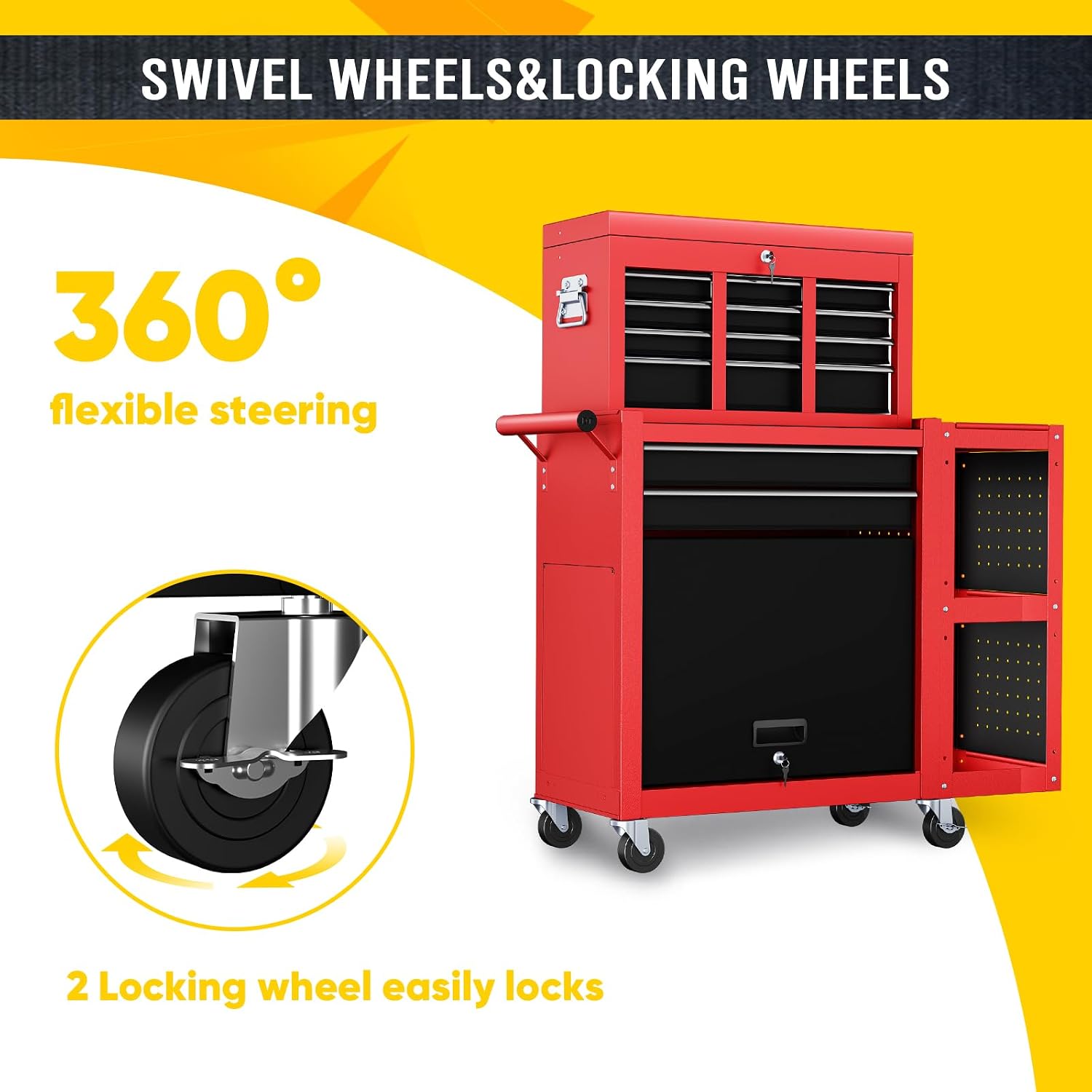 SILVEL 8-Drawer Rolling Tool Chest, 3-in-1 Lockable Tool Box on Wheels with Detachable Top Toolbox & Bottom Storage Cabinet Cart for Garage, Workshop, Repair Room, Warehouse (Red)