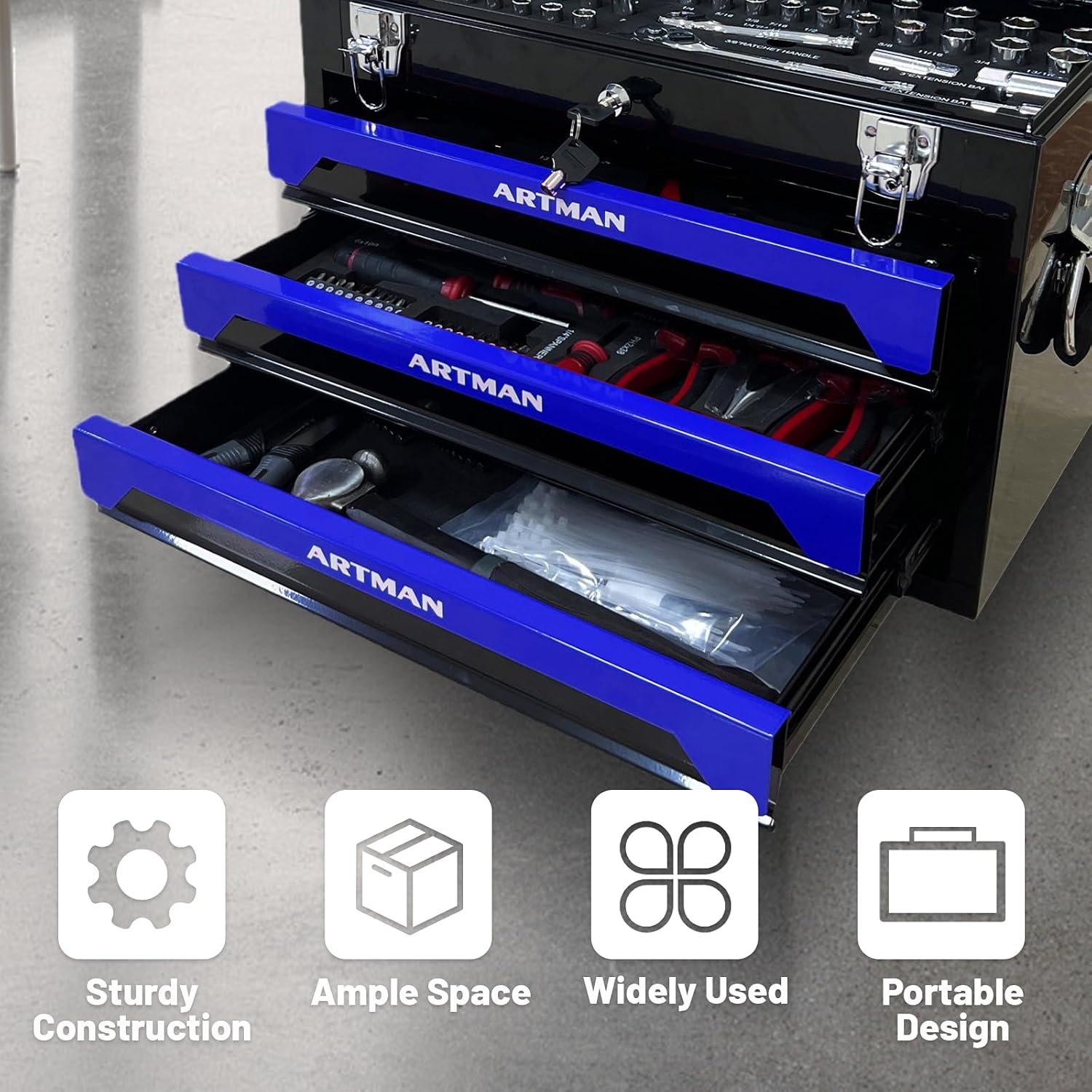 3 Drawer Tool Chest 439-Piece Mechanics Tool Set with Lock, Portable Household Tool Kit Heavy Duty Metal Tool Box for Garage, Warehouse,Workshop and Auto Repair (Blue)