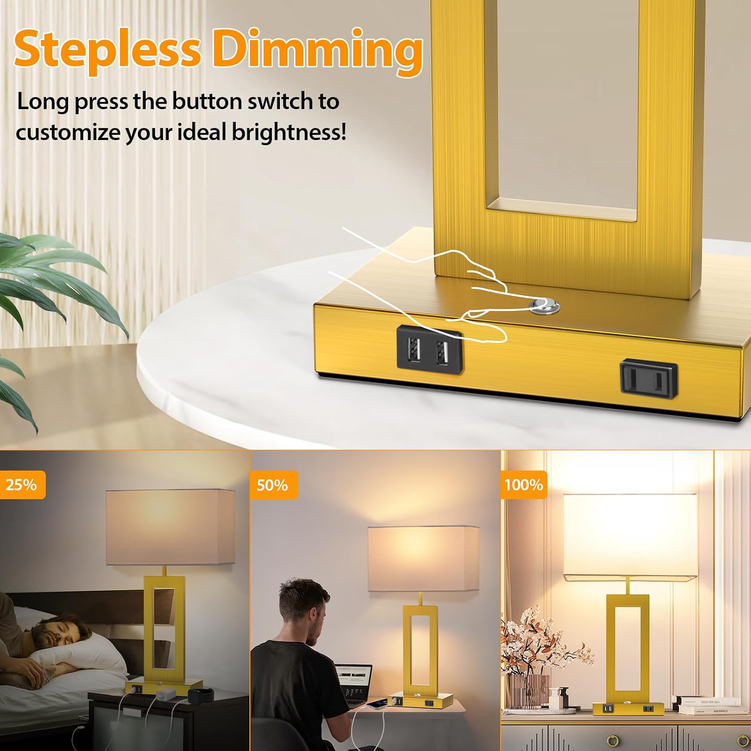 Table Lamps for Bedrooms Set of 2, 27.2'' Super Tall Modern Gold Lamps for Living Room Nightstand End Tables, Button Touch Control Bedside Lamps with 2 USB Ports, 3 Color Temp. E26 Bulbs Included
