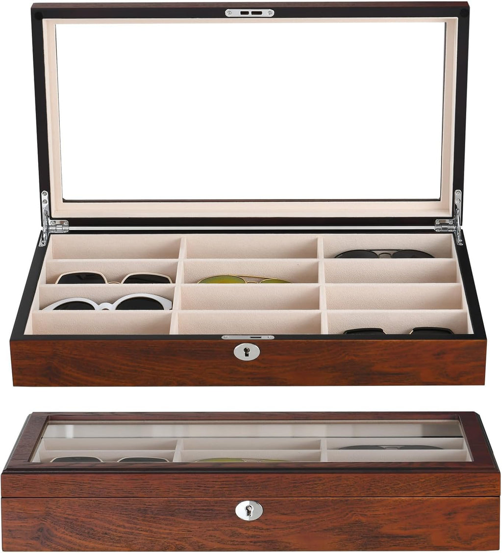 Sunglasess Organizer 12 Slot Wood Glasses Case for Women Men, Eyeglasses Storage Box, Sunglasses Holder Display