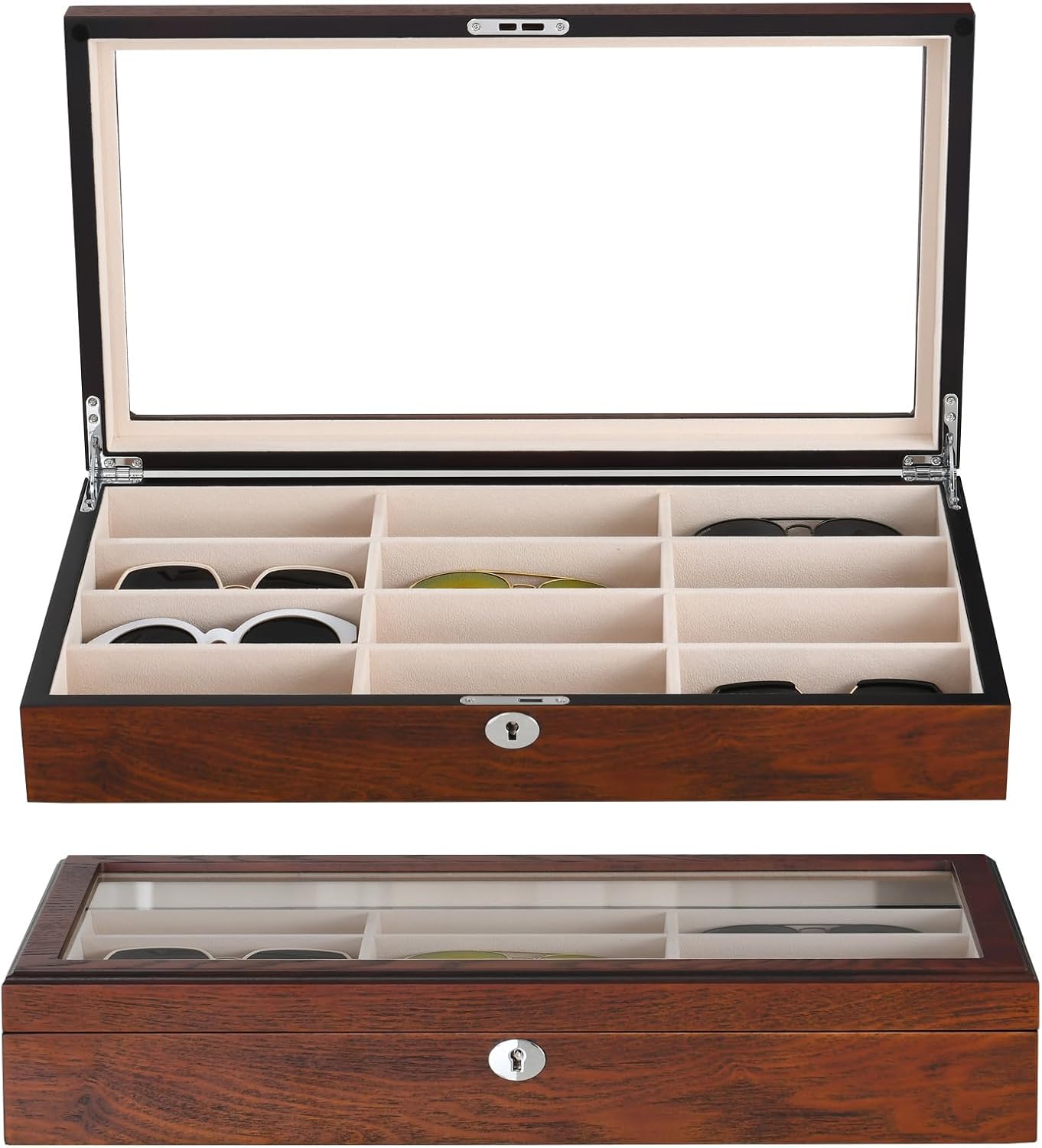Sunglasess Organizer 12 Slot Wood Glasses Case for Women Men, Eyeglasses Storage Box, Sunglasses Holder Display