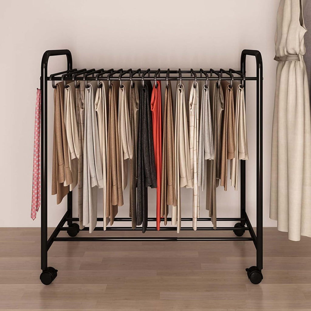 Expandable Floor Standing Pants Hanger Trolley - Versatile Metal Garment Rack for Jeans, Skirts & Trousers with Pull-Out Shelf & Rolling Design for Easy Closet Organization