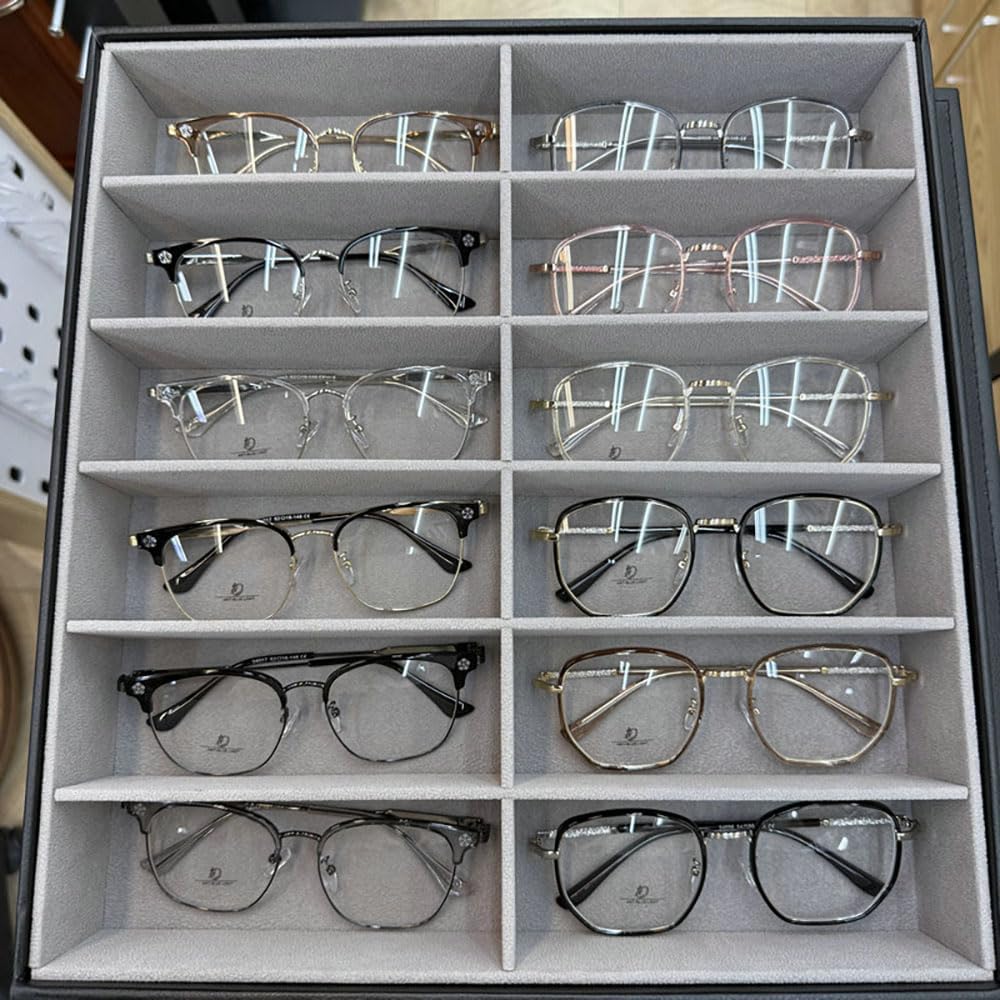 Sunglasses Organizer Box, Ink Black Faux Leather with Gray Velvet Lining, 3D Cinema Glasses Storage Case, Eyewear Display Box for Optical Stores