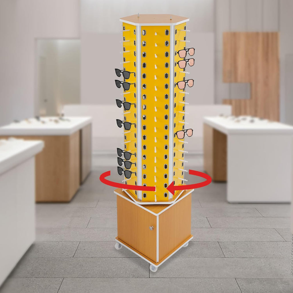 102 Pairs Rotating Glasses Display Stand, Eyewear Storage Organizer with Cabinet & Wheels, Commercial Sunglasses Display Rack, Optical Shop Glasses Holder (Yellow)