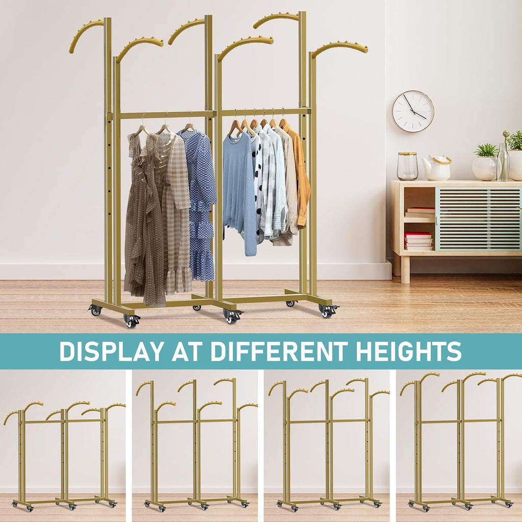 Floor Standing Metal Garment Rack, 6 Arms Clothing Display Rack with Wheels, Heavy Duty 48'' to 67'' Adjustable Height Retail Clothes Rack Rolling Shirt Rack for Hanging Clothes, Gold
