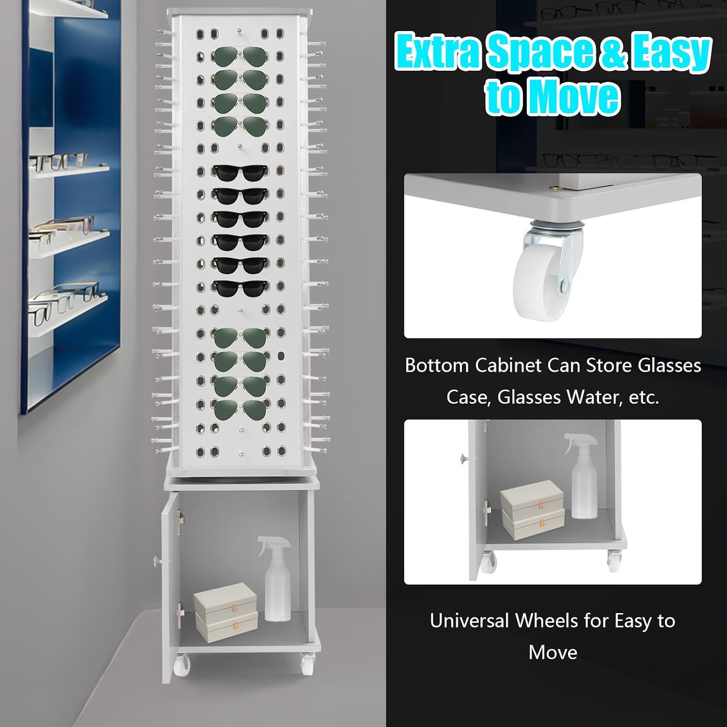 Undercat 152 Pairs Glasses Rack, 360° Rotating Sunglasses Display Rack, Floor-standing Eyeglasses Storage Organizer, Eyewear Holder, Sunglasses Display Stand with Storage Cabinet & Wheels