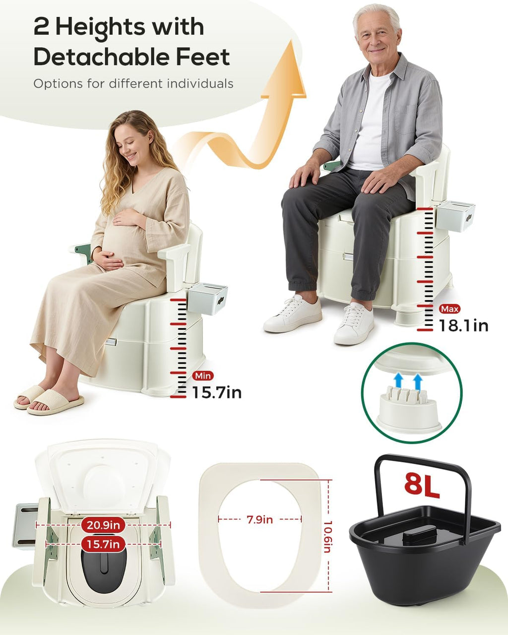 Bedside Commode, Portable Toilet for Adults, Commode Chair for Toilet with Arms, Height Adjustable, 2 Toilets and Induction Night Light, Potty Chair for Elderly and Disabled