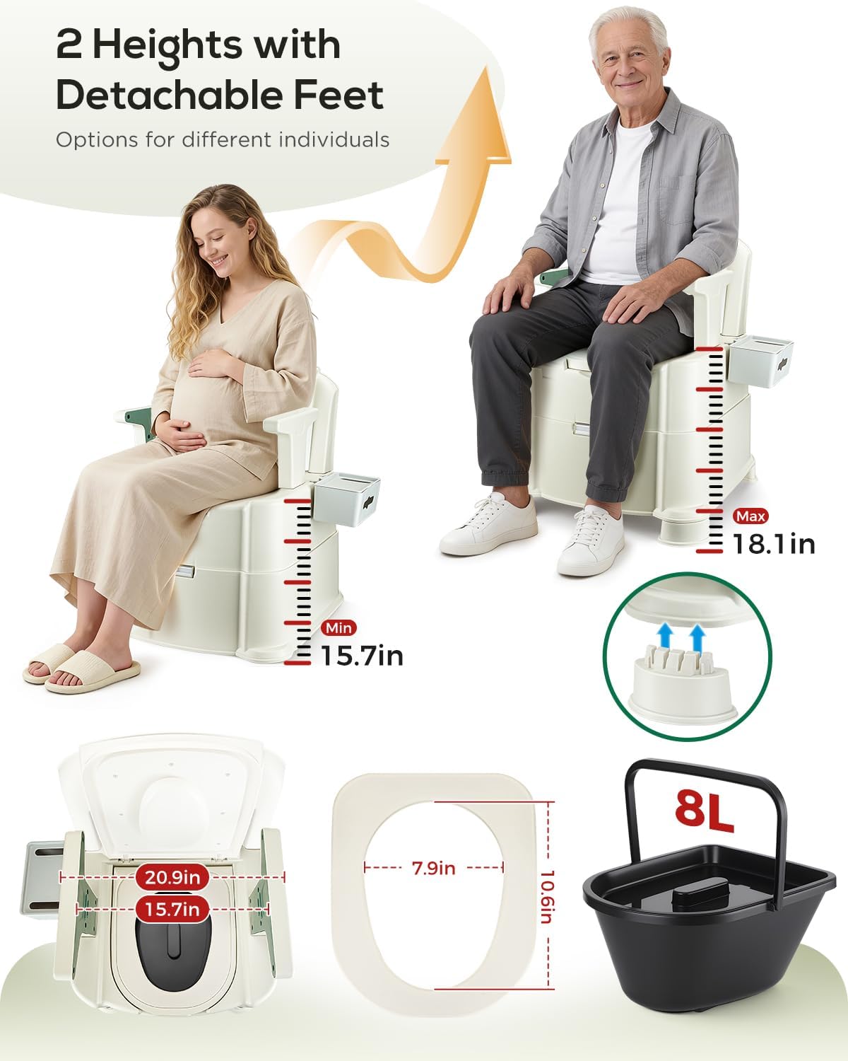 Bedside Commode, Portable Toilet for Adults, Commode Chair for Toilet with Arms, Height Adjustable, 2 Toilets and Induction Night Light, Potty Chair for Elderly and Disabled