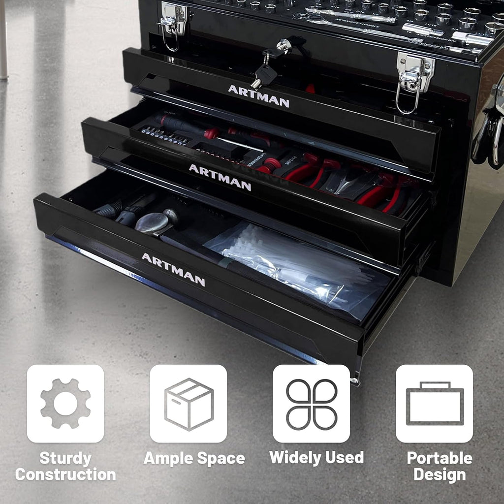 3 Drawer Tool Chest 439-Piece Mechanics Tool Set with Lock, Portable Household Tool Kit Heavy Duty Metal Tool Box for Garage, Warehouse,Workshop and Auto Repair (Black)