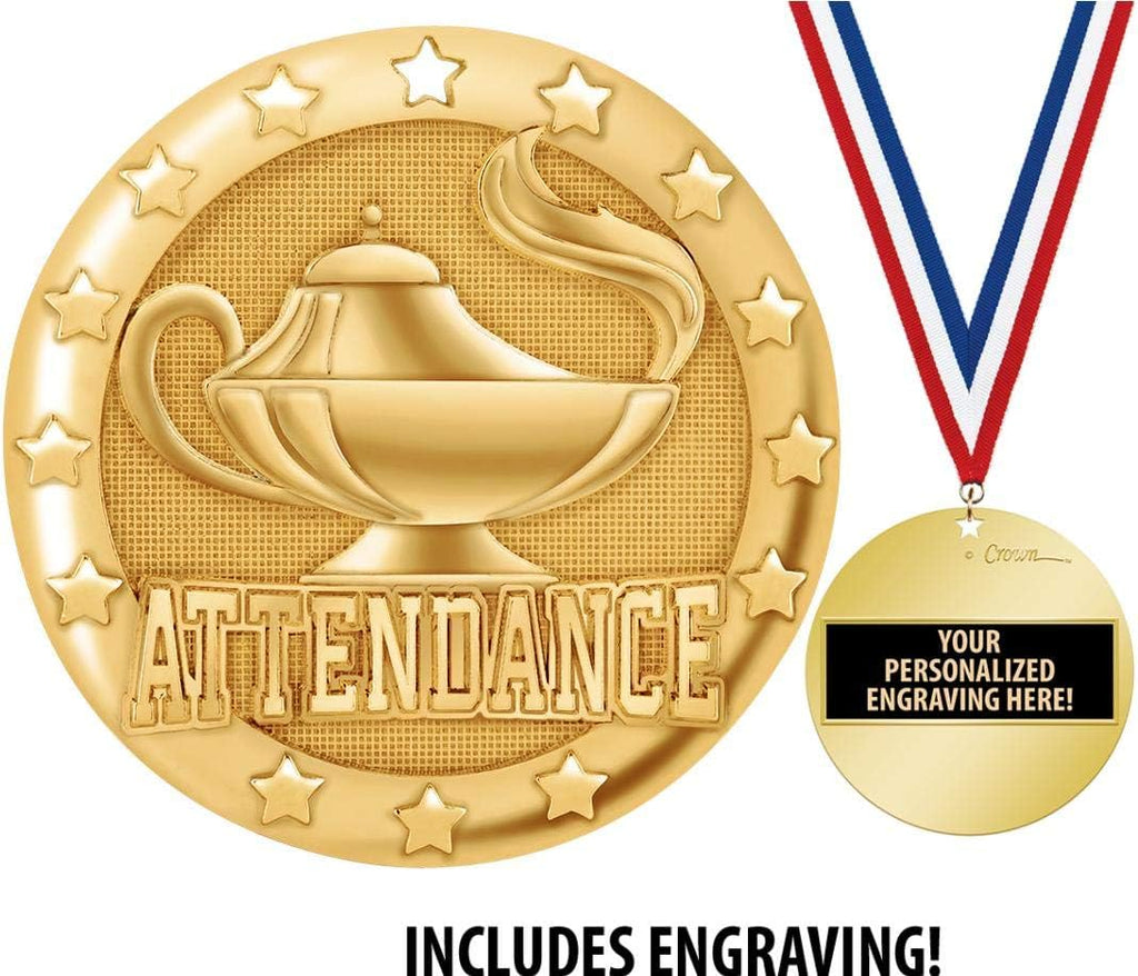 Crown Awards Attendance Medal, 2' Shiny Gold Perfect Attendance Medals for Kids with Free Custom Engraving Prime