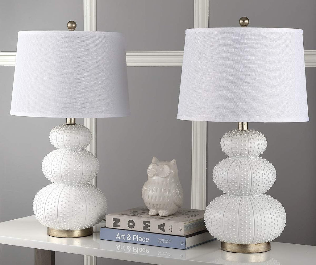 SAFAVIEH Lighting Collection Rita Modern Contemporary White Triple Gourd Studded 29-inch Bedroom Living Room Home Office Desk Nightstand Table Lamp Set of 2 (LED Bulbs Included)