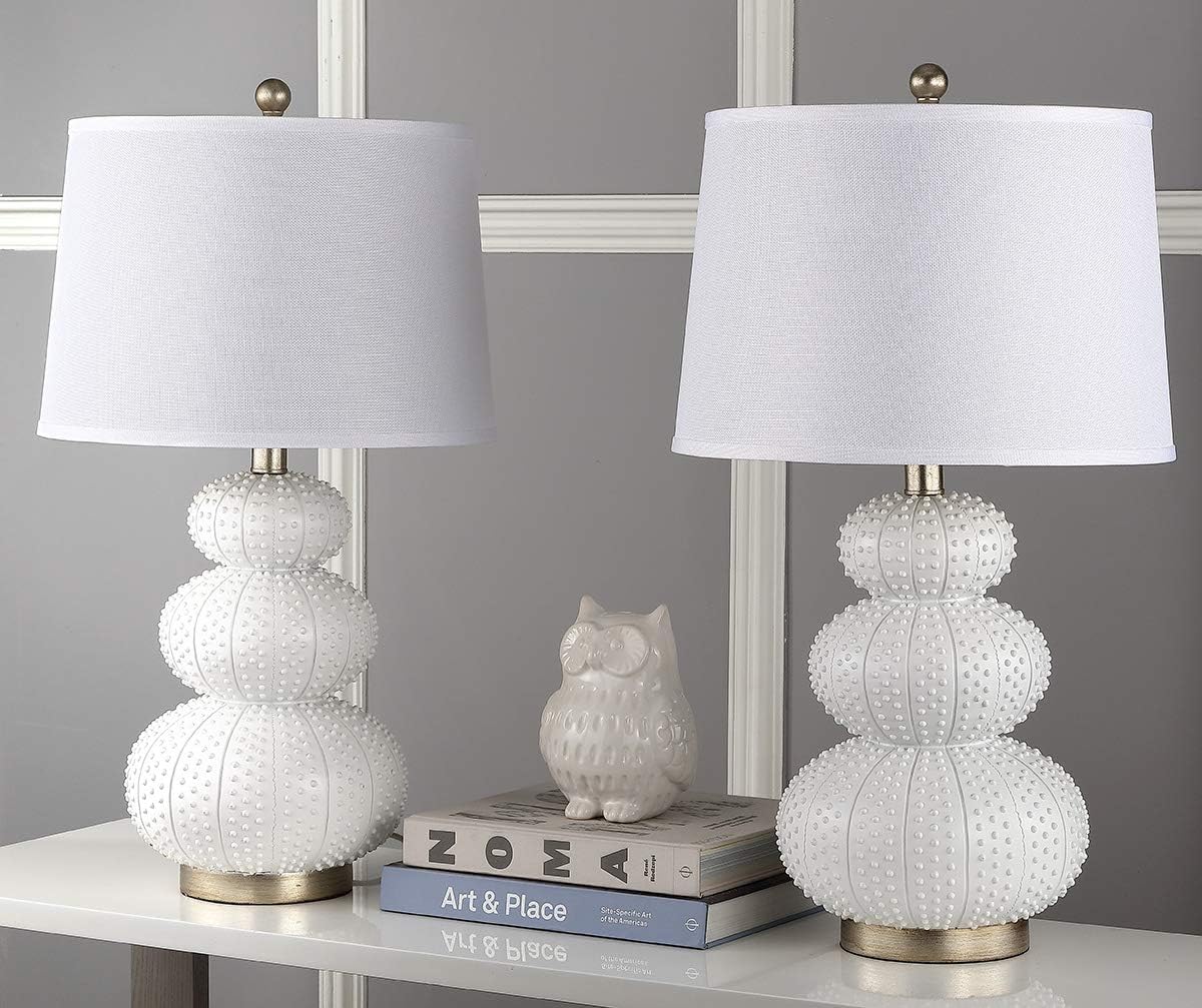 SAFAVIEH Lighting Collection Rita Modern Contemporary White Triple Gourd Studded 29-inch Bedroom Living Room Home Office Desk Nightstand Table Lamp Set of 2 (LED Bulbs Included)