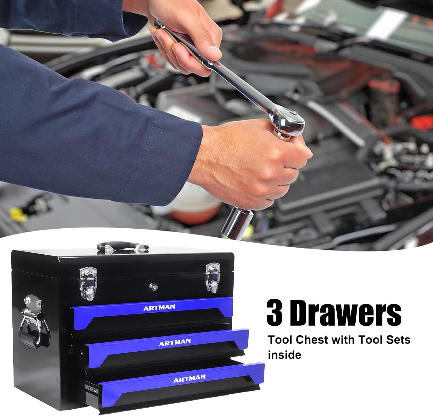 RYH 20' Portable 3-Drawer Steel Toolbox with Lock - Heavy Duty Tool Box Set for Mechanics, Electricians & Home Improvement | Includes Socket Wrench, Pliers, | Gift for Men, Handymen (Black+blue)