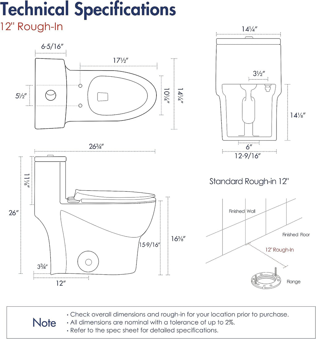 Eridanus One Piece Toilet, Elongated with Soft Closing Seat, Small Compact Toilet with 16⅜' Height Seat, Powerful & Quiet Dual Flush (1.1/1.6 GPF), 12' Rough-In
